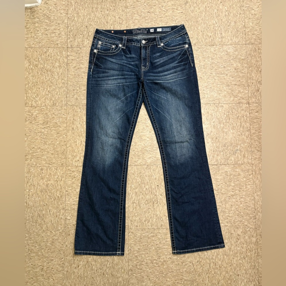 Miss Me Mid-Rise Bootcut Dark Blue Medium Wash Embroidered Rhinestone Jeans